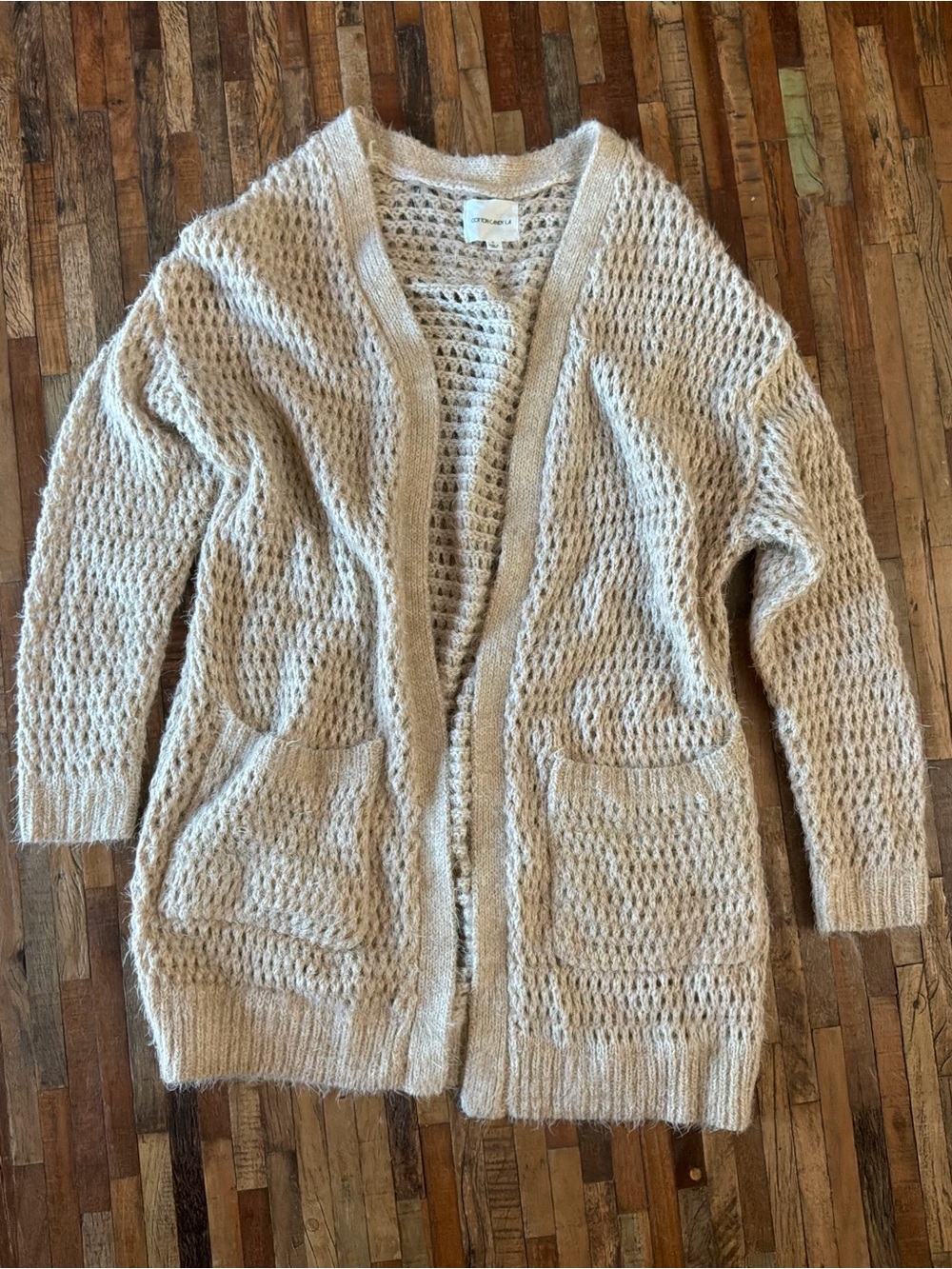 Cotton Candy Open-Knit Beige Cardigan with Pockets